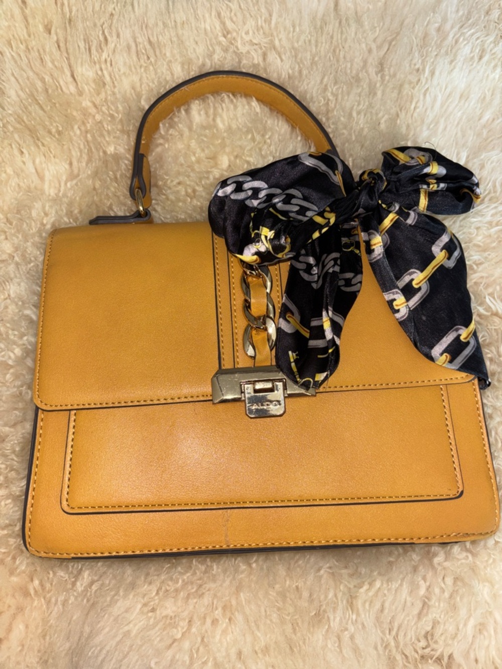 Aldo Mustard Top-Handle Satchel with Chain Accent and Scarf